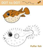 Dot to dot. Numbers game. Education math game for children. Drawing task for kids. Colored worksheet with cute cartoon puffer fish. Leisure games. Vector illustration.