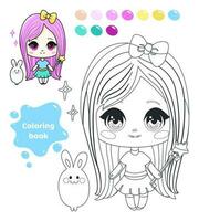 Coloring book for kids. Worksheet for drawing with cartoon anime girl. Cute girl with bunny and magic wand. Coloring page with color palette for children. Vector illustration.