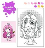 Coloring book for kids. Worksheet for drawing with cartoon anime girl. Cute princess with crown and Magic wand. Coloring page with color palette for children. Vector illustration.