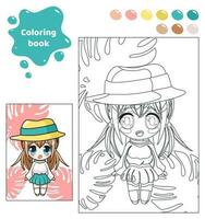 Coloring book for kids. Worksheet for drawing with cartoon anime girl in a hat. Cute child with tropical leaves. Coloring page with color palette for children. Vector illustration.