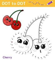 Dot to dot. Numbers game. Education math game for children. Drawing task for kids. Colored worksheet with cute cartoon cherry. Leisure games. Vector illustration.