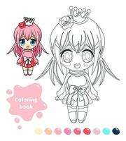 Coloring book for kids. Worksheet for drawing with cartoon anime girl. Cute princess with crown and rose. Coloring page with color palette for children. Vector illustration.
