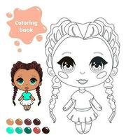 Coloring book for kids. Worksheet for drawing with cartoon anime girl. Cute child with pigtails. Coloring page with color palette for children. Vector illustration.