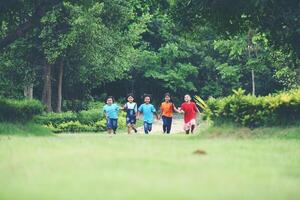 grupo de joven niños corriendo y jugando en el parque foto