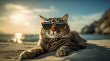 Cat wearing Sunglasses sitting on the Beach AI Generated photo