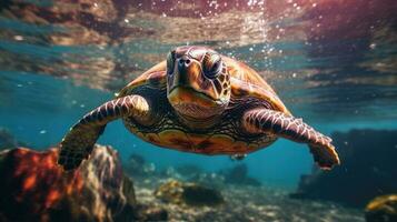 Turtle swimming under water AI Generated photo