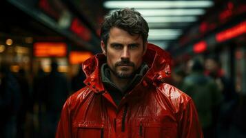 A man in a red rain coat AI Generated photo