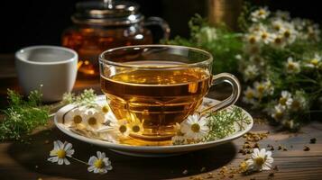taza de caliente manzanilla té en de madera mesa ai generado foto