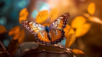 vistoso mariposa en un árbol rama ai generado foto