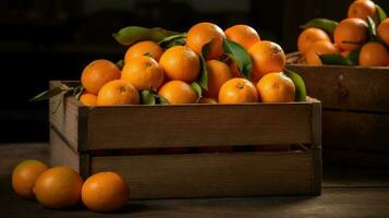 Fresco naranjas en de madera caja ai generado foto