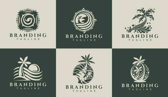 Elegant sunset beach palm logo design. Luxury sun ocean palm logo brand set. vector