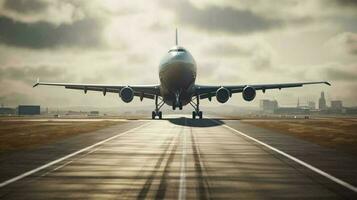 un grande avión toma apagado en el pista. el concepto de pasajero y carga aviación. ai generado foto