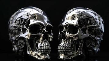 Two metallic shiny iron futuristic hi-tech skulls of cyborg robots looking at each other on a black background. AI generated photo