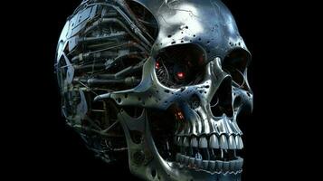 Metal shiny iron futuristic high tech cyborg robot skull on black background. AI generated photo