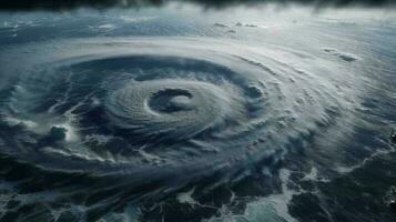 View from space from above on a hurricane tornado swirl of clouds and wind, a storm front of bad weather and natural disaster. AI generated photo