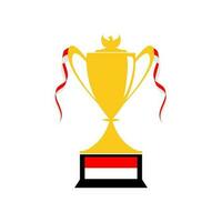 Trophy cup with Indonesia flag ribbon. Champion trophy, shiny golden cup award. Winner prize, champions realistic vector celebration winning concept