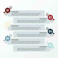 Infographic that reports about the workflow in each step with a total of 6 topics. vector