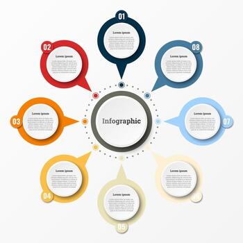 Infographic that reports about the workflow in each step with a total of 8 topics. vector