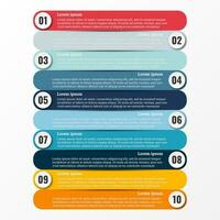 Infographic that reports about the workflow in each step with a total of 10 topics. vector