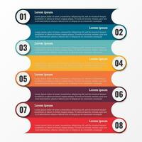 Infographic that reports about the workflow in each step with a total of 8 topics. vector