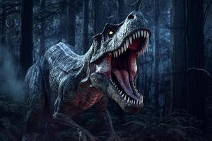 Tyrannosaurus Rex is roaring in pine forest at night time . Created by generative AI . photo