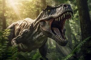Tyrannosaurus rex is roaring in forest and light beam . Created by . photo