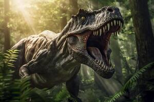 tiranosaurio rex es rugido en bosque y ligero haz . creado por generativo ai . foto