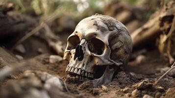 Skull of human was buried in soil . Created by generative AI . photo