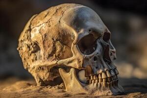 Skull of human was buried in soil . Created by . photo