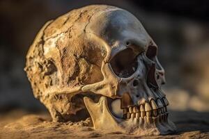 Skull of human was buried in soil . Created by generative AI . photo