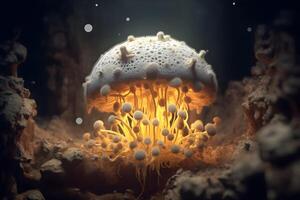 Mushroom with light beam . Created by generative AI . photo