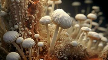 Mushroom with light beam . Created by generative AI . photo