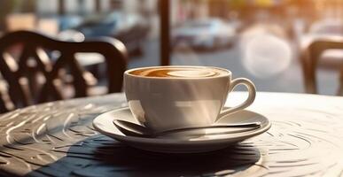 Coffee cup on table in cafe shop . Created by generative AI . photo