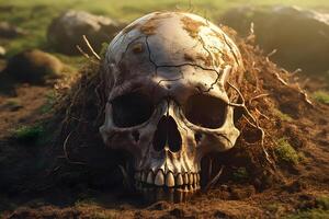 Skull of human was buried in soil . Created by . photo