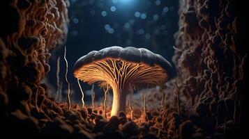 Mushroom with light beam . Created by generative AI . photo