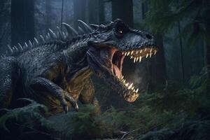 Tyrannosaurus Rex is roaring in pine forest at night time . Created by . photo
