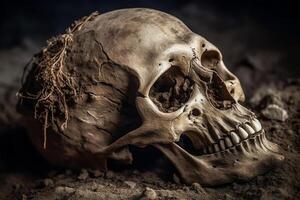 Skull of human was buried in soil . Created by generative AI . photo