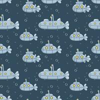 Seamless pattern with submarine with periscope. Underwater transport vector