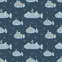 Seamless pattern with submarine with periscope. Underwater transport vector