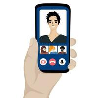 Human hand holding mobile phone with video call on screen.  Video conferencing and online communication concept vector