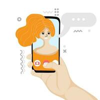 Male hand holding smartphone with girlfriend on screen. Video call concept. vector