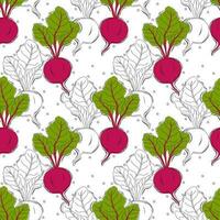 Beet seamless pattern. Nourishment and healthy eating, beetroot with leaves. vector