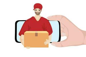 Delivery courier man giving parcel box from mobile phone screen vector