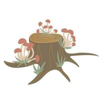 Simple tree stump with mushroom. Hand drawn stylized element for autumn decorative design vector