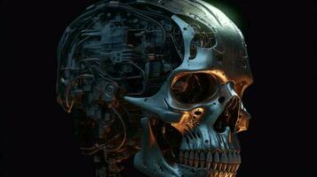 Metal shiny iron futuristic high tech cyborg robot skull on black background. AI generated photo