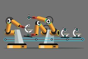 Medical equipment assembly robot in the medical industry. Robot manipulator on the conveyor belt. Vector illustration.