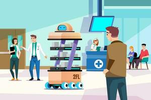 Logistics robots in medical facilities. Robotic assistant in hospital flat vector illustration.