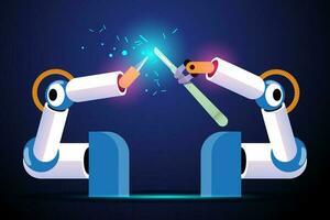 Robots for manufacturing medical devices and equipment. Robot hand holding screwdriver and screwdriver. Vector illustration in flat style