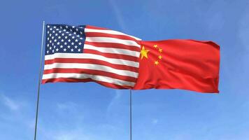 looping vídeo do americano bandeira e China bandeira em azul céu fundo video