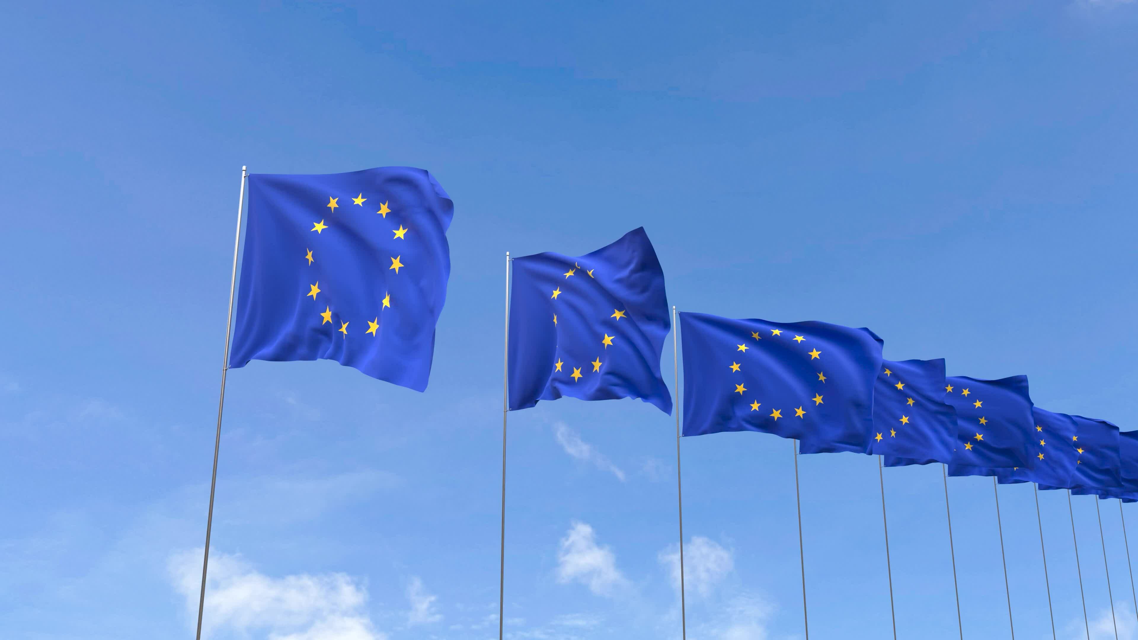 Looping video of EU Flag Waving on blue sky background, Animation